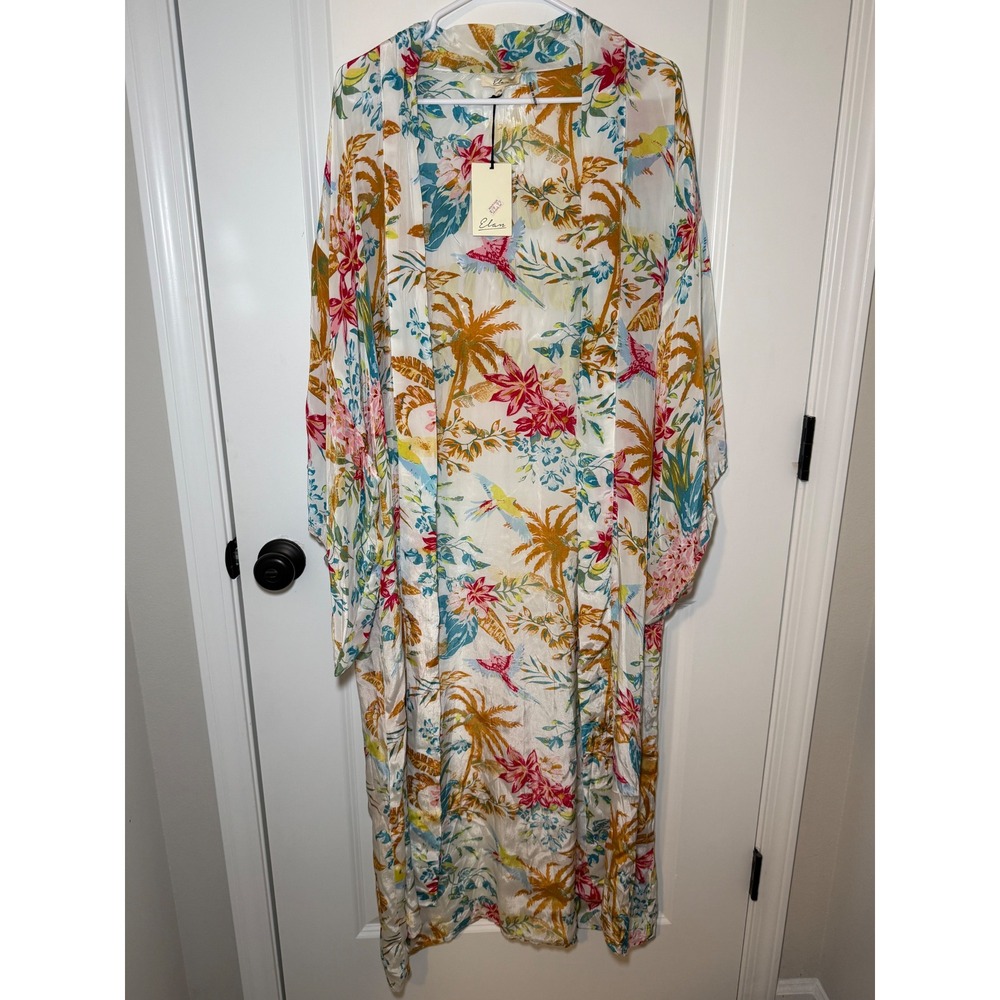 NWT Elan Tropical Palm Floral Kimono Duster Gold Foil Paradise Graphic O/S